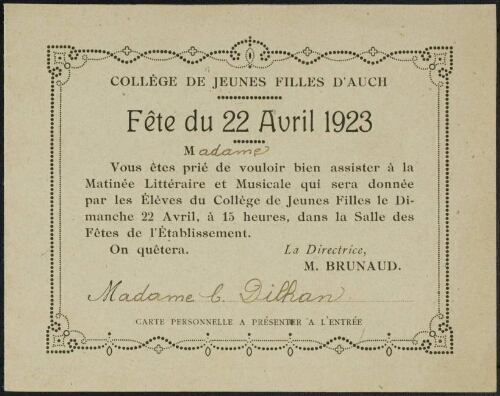 [Collège de Jeunes Filles d'Auch - Fête du 22 avril 1923 - Carton invitation]