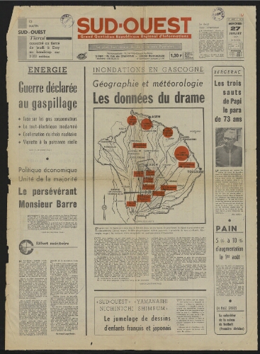 "Inondations en Gascogne.   Géographie et météorologie : les données du drame" (Première page)