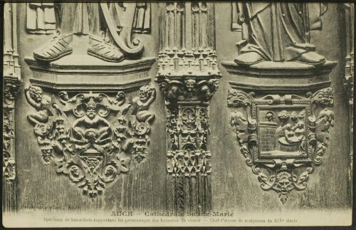 Auch  -  Cathédrale Sainte - Marie. Spécimen de bas-reliefs supportant les personnages des boiseries du chœur - Chef-d'œuvre de sculptures du XIVe siècle