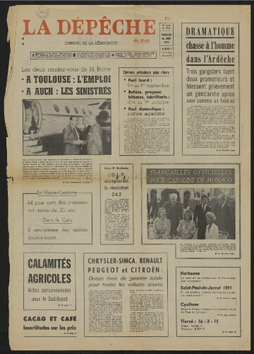 "Les deux rendez-vous de M. Barre à Toulous : l'emploi; à Auch : les sinistrés" (Première page)