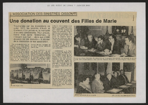 "L'association des sinistrés dissoute; "Une donation au couvent des filles de Marie" (1 article)
