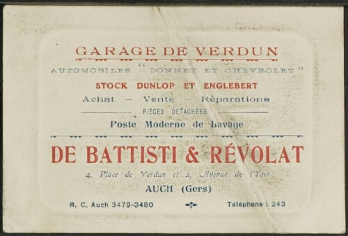 [ Auch - Carte publicitaire : Garage de Verdun  -  De Battisti et Révolat, Auch (Gers)]